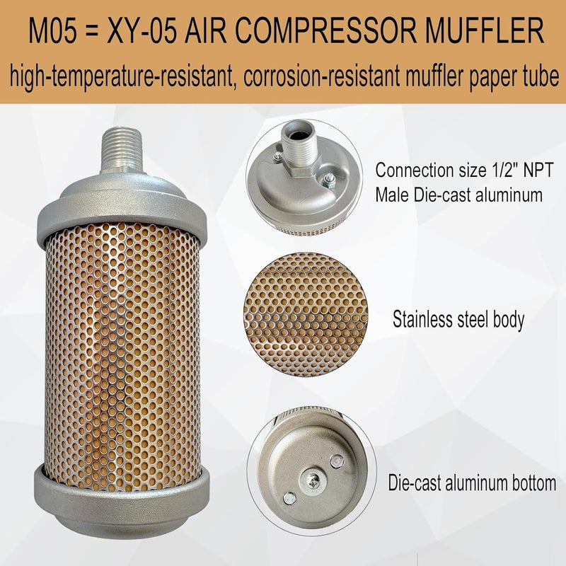 Bounetim كتمة ضاغط الهواء M05 XY-05 1/2" NPT ذكر، كاتم صوت لتنفيس الهواء لمعدات وأنظمة الهواء المضغوط، غرفة واحدة 145 PSI - Image 2